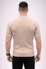 Erkek Fitilli Triko Dokuma Kısa Kol Tişört Yarım Boğaz Modern Yazlık T-Shirt - Bej - Görsel 4