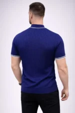 Erkek Fitilli Triko Dokuma Kısa Kol Tişört Yarım Boğaz Modern Yazlık T-Shirt - Lacivert - Görsel 2