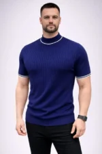 Erkek Fitilli Triko Dokuma Kısa Kol Tişört Yarım Boğaz Modern Yazlık T-Shirt - Lacivert - Görsel 3