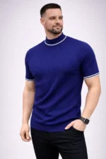 Erkek Fitilli Triko Dokuma Kısa Kol Tişört Yarım Boğaz Modern Yazlık T-Shirt - Lacivert - Görsel 4