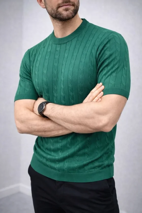 TY69c96b8828eb369c96b8828eb5.webp Erkek Yazlık Triko Dokuma Tişört Kısa Kol Bisiklet Yaka Örgü Desenli T-Shirt - Haki - Görsel 1