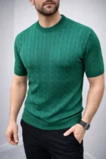Erkek Yazlık Triko Dokuma Tişört Kısa Kol Bisiklet Yaka Örgü Desenli T-Shirt - Haki - Görsel 2