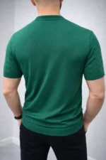 Erkek Yazlık Triko Dokuma Tişört Kısa Kol Bisiklet Yaka Örgü Desenli T-Shirt - Haki - Görsel 3