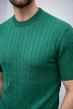 Erkek Yazlık Triko Dokuma Tişört Kısa Kol Bisiklet Yaka Örgü Desenli T-Shirt - Haki - Görsel 4