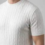 Erkek Yazlık Triko Dokuma Tişört Kısa Kol Bisiklet Yaka Örgü Desenli T-Shirt - Beyaz