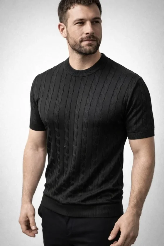 TY69c96b941ba7d69c96b941ba7f.webp Erkek Yazlık Triko Dokuma Tişört Kısa Kol Bisiklet Yaka Örgü Desenli T-Shirt - Siyah - Görsel 1