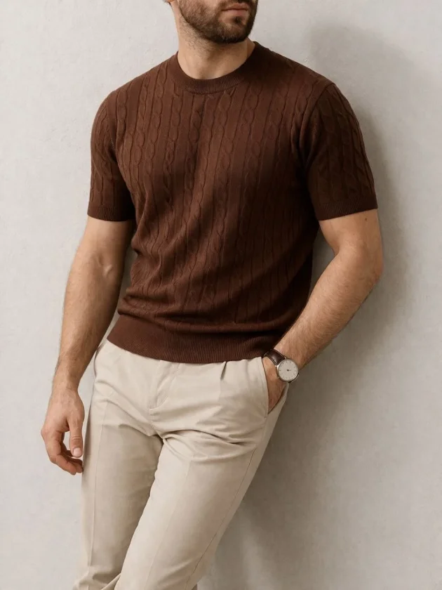 TY69c96b9fd625269c96b9fd6254.webp Erkek Yazlık Triko Dokuma Tişört Kısa Kol Bisiklet Yaka Örgü Desenli T-Shirt - Kahverengi - Görsel 1