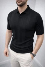 Erkek Yazlık Triko Dokuma Tişört Kısa Kol Polo Yaka T-Shirt - Siyah - Görsel 4