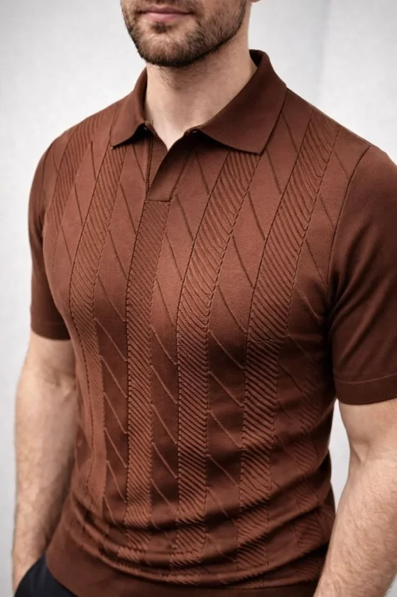 TY69ca4587a634569ca4587a6348.webp Erkek Yazlık Triko Dokuma Tişört Kısa Kol Polo Yaka T-Shirt - Kahverengi - Görsel 1