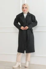 Kaşe Kaban Uzun Boy 115 Cm Kruvaze Yaka Kuşaklı Astarlı Tesettür Kaban Yünlü - Siyah