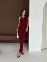 Uzun Abiye Elbise Yırtmaçlı Sırt Dekolteli Şık Gece Elbisesi - Bordo