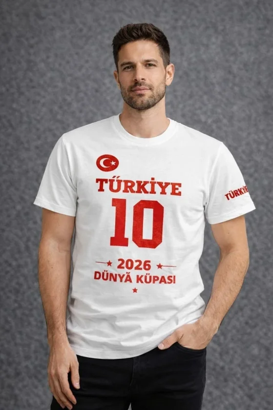 TY69d3e28dedc0569d3e28dedc08.webp Erkek TÜRKİYE Baskılı Tişört 2026 Dünya Kupası Taraftar Forma T-Shirt - Beyaz - Görsel 1