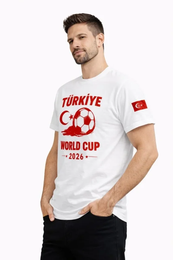 TY69d3e2979d93369d3e2979d935.webp Erkek Türkiye World Cup 2026 Baskılı Tişört Futbol Temalı Forma T-Shirt - Beyaz - Görsel 1