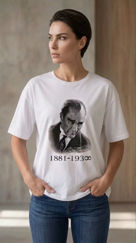 TY69dba13f862ce69dba13f862cf.webp Atatürk Baskılı Tişört Kısa Kollu Bisiklet Yaka T-Shirt - Beyaz - Görsel 1