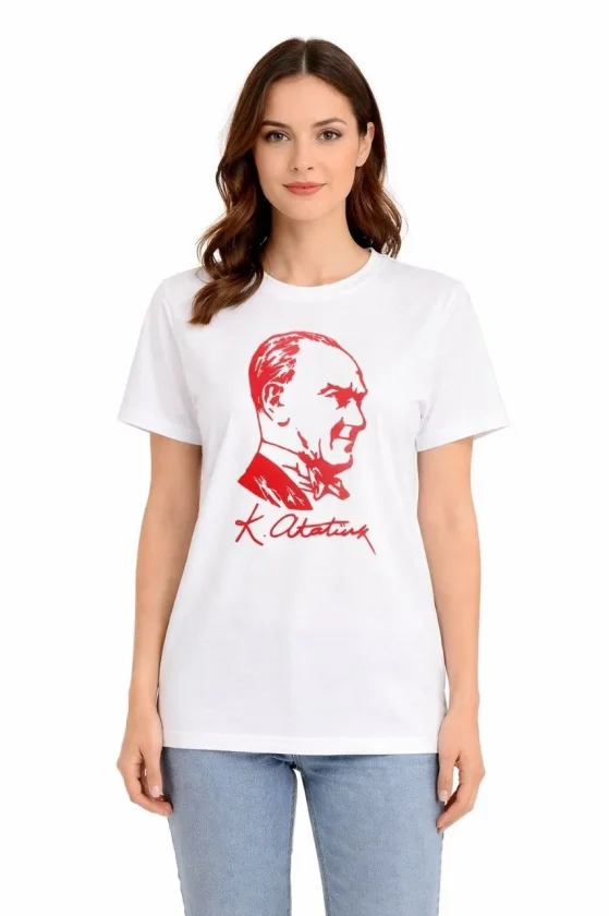 TY69dba1442501669dba14425018.webp Atatürk Baskılı Tişört Kısa Kollu Bisiklet Yaka T-Shirt - Beyaz - Görsel 1