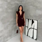 Kruvaze Drapeli Tokalı Mini Elbise Şık Gece Davet Abiye - Kahverengi