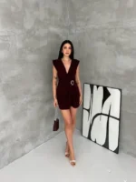 Kruvaze Drapeli Tokalı Mini Elbise Şık Gece Davet Abiye - Kahverengi