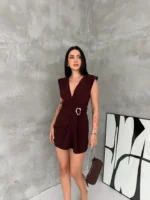 Kruvaze Drapeli Tokalı Mini Elbise Şık Gece Davet Abiye - Kahverengi - Görsel 3