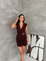 Kruvaze Drapeli Tokalı Mini Elbise Şık Gece Davet Abiye - Kahverengi - Görsel 4