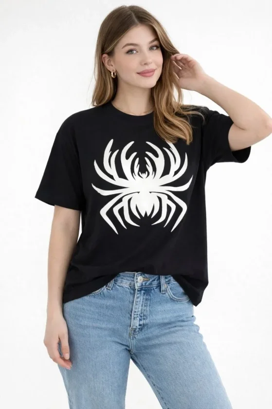 TY69e634509d5b969e634509d5bb.webp Örümcek Baskılı Tişört Kısa Kollu Bisiklet Yaka T-Shirt - Siyah - Görsel 1
