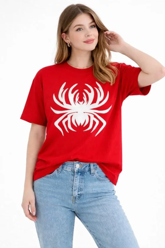 TY69e6345539aa869e6345539aaa.webp Örümcek Baskılı Tişört Kısa Kollu Bisiklet Yaka T-Shirt - Kırmızı - Görsel 1