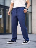 Erkek Keten Cepli Çıma Dikişli Jogger Buggy Pantalon Rahat Kalıp - Lacivert - Görsel 4