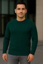 Erkek Fitilli Triko Kazak 2’li Set Siyah Haki Kalın Dokuma Pamuklu Regular Fit Bisiklet - Görsel 4