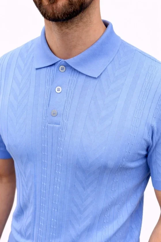 TY69e90213c232469e90213c2326.webp Erkek Yazlık Triko Tişört Kısa Kol Polo Yaka Düğmeli T-Shirt - Bebek Mavisi - Görsel 1