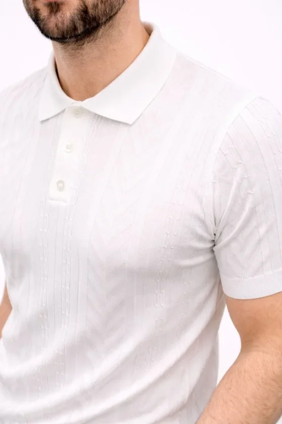 TY69e9021b945b469e9021b945b6.webp Erkek Yazlık Triko Tişört Kısa Kol Polo Yaka Düğmeli T-Shirt - Beyaz - Görsel 1