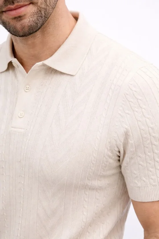 TY69e902260838969e902260838b.webp Erkek Yazlık Triko Tişört Kısa Kol Polo Yaka Düğmeli T-Shirt - Krem - Görsel 1