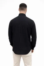 Erkek KETEN Kumaş Oversize Uzun Kollu Rahat Kalıp Gömlek - Siyah - Görsel 4