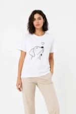 Köpek Figürlü Minimal Baskılı Tişört Kısa Kol Yazlık T-Shirt - Beyaz - Görsel 3