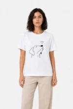 Köpek Figürlü Minimal Baskılı Tişört Kısa Kol Yazlık T-Shirt - Beyaz - Görsel 4