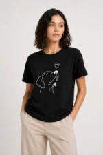 Köpek Figürlü Minimal Baskılı Tişört Kısa Kol Yazlık T-Shirt - Siyah - Görsel 4
