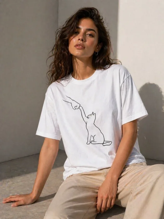 TY69f33919858d269f33919858d4.webp Minimal Kedi Çizim Baskılı Tişört Kısa Kol Yazlık T-Shirt - Beyaz - Görsel 1