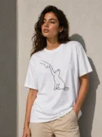 Minimal Kedi Çizim Baskılı Tişört Kısa Kol Yazlık T-Shirt - Beyaz - Görsel 2