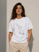 Minimal Kedi Çizim Baskılı Tişört Kısa Kol Yazlık T-Shirt - Beyaz - Görsel 3