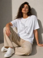 Minimal Kedi Çizim Baskılı Tişört Kısa Kol Yazlık T-Shirt - Beyaz - Görsel 4