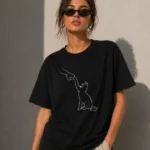 Minimal Kedi Çizim Baskılı Tişört Kısa Kol Yazlık T-Shirt - Siyah