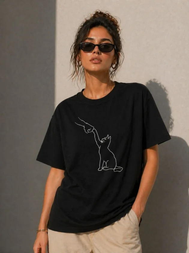 TY69f33924eca1e69f33924eca21.webp Minimal Kedi Çizim Baskılı Tişört Kısa Kol Yazlık T-Shirt - Siyah - Görsel 1
