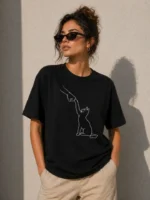 Minimal Kedi Çizim Baskılı Tişört Kısa Kol Yazlık T-Shirt - Siyah - Görsel 2