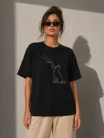 Minimal Kedi Çizim Baskılı Tişört Kısa Kol Yazlık T-Shirt - Siyah - Görsel 3