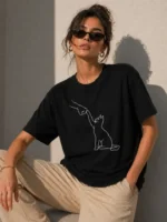 Minimal Kedi Çizim Baskılı Tişört Kısa Kol Yazlık T-Shirt - Siyah - Görsel 4