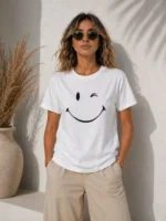 Minimal Gülümseyen Yüz Baskılı Tişört Kısa Kol Yazlık T-Shirt - Beyaz - Görsel 2
