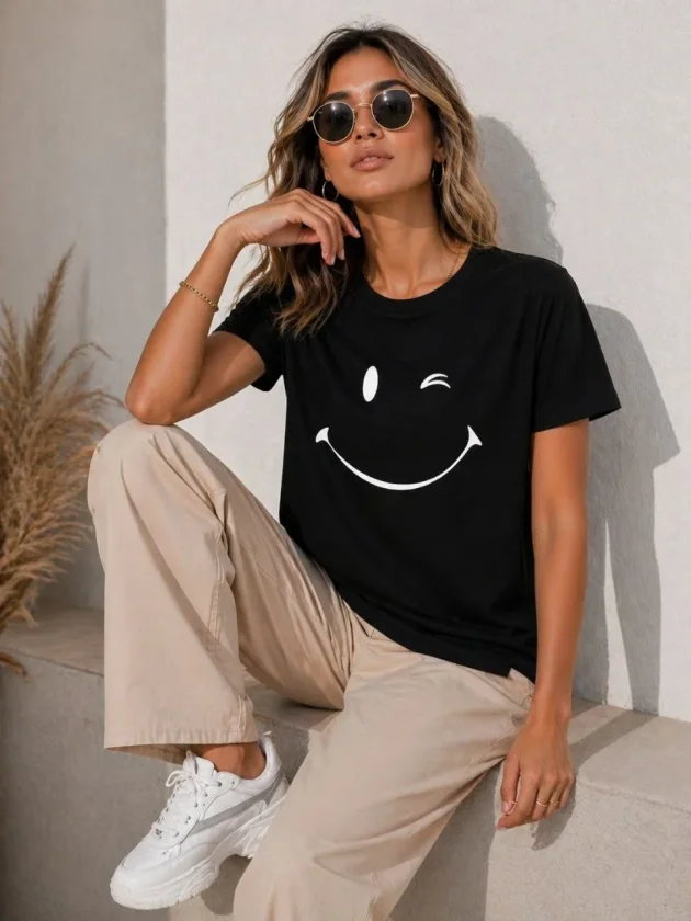 TY69f48aa50128669f48aa501288.webp Minimal Gülümseyen Yüz Baskılı Tişört Kısa Kol Yazlık T-Shirt - Siyah - Görsel 1