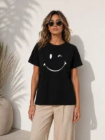 Minimal Gülümseyen Yüz Baskılı Tişört Kısa Kol Yazlık T-Shirt - Siyah - Görsel 2