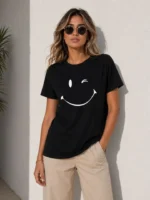 Minimal Gülümseyen Yüz Baskılı Tişört Kısa Kol Yazlık T-Shirt - Siyah - Görsel 3