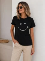 Minimal Gülümseyen Yüz Baskılı Tişört Kısa Kol Yazlık T-Shirt - Siyah - Görsel 4