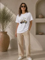 Motosiklet Baskılı Tişört Bisiklet Yaka Kısa Kol Yazlık T-Shirt - Beyaz - Görsel 2