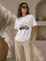 Motosiklet Baskılı Tişört Bisiklet Yaka Kısa Kol Yazlık T-Shirt - Beyaz - Görsel 3